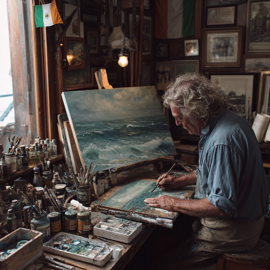 An older man is in his studio painting a seascape