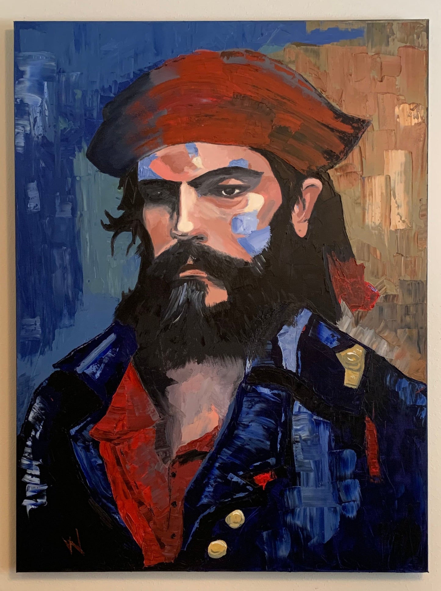 Red and Blue Oil Painting Portrait of a Man with Beard and a Hat