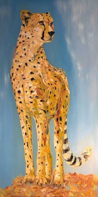 painting of a cheetah against a blue sky background